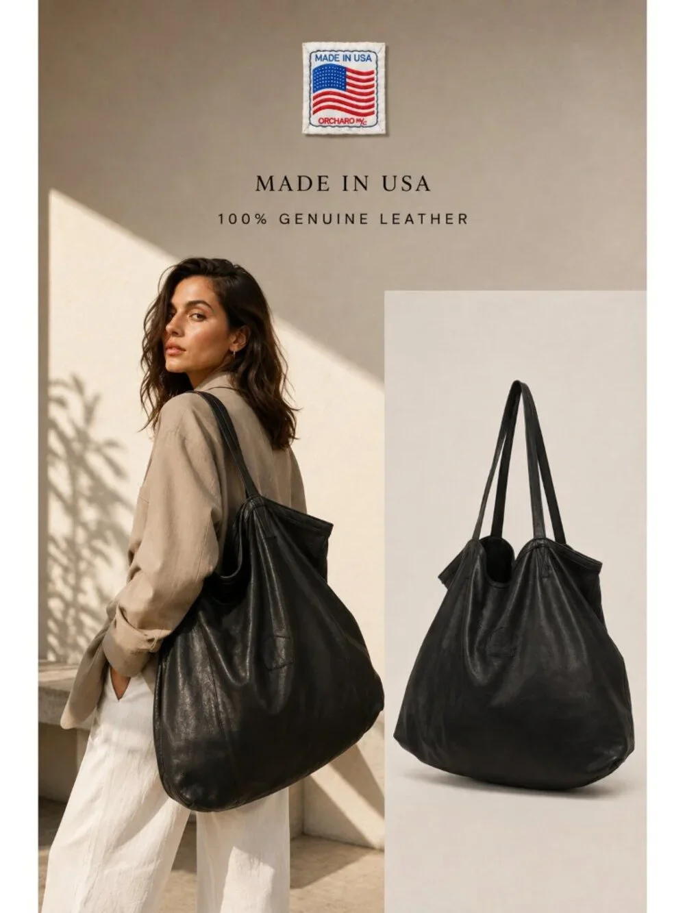Vintage Orchard M/C Black Leather Oversized Tote Bag Made in USA Carryall